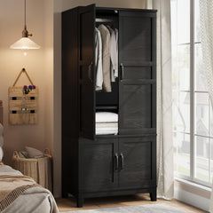 4-Door Armoire Wardrobe Cabinet with Adjustable Shelves and Hanging Rod