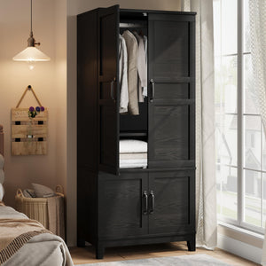 4-Door Armoire Wardrobe Cabinet with Adjustable Shelves and Hanging Rod