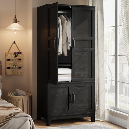 4-Door Armoire Wardrobe Cabinet with Adjustable Shelves and Hanging Rod