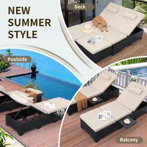 Outdoor Wicker Chaise Lounge Chairs Set of 2 with Adjustable Backrest & Cushions