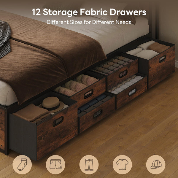 King & Queen Platform Bed Frame with 12 Storage Drawers & Headboard