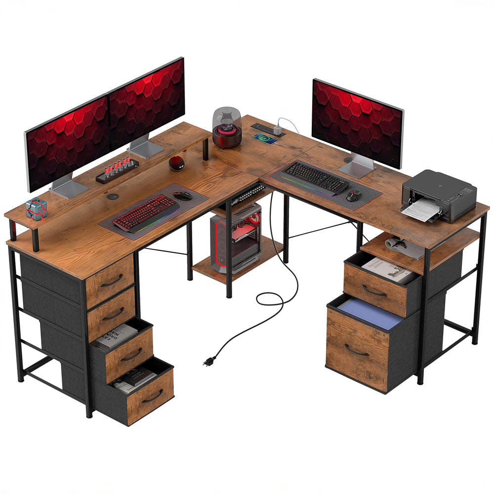 L-Shaped Computer Desk with File Cabinet, Power Outlets & LED Lights