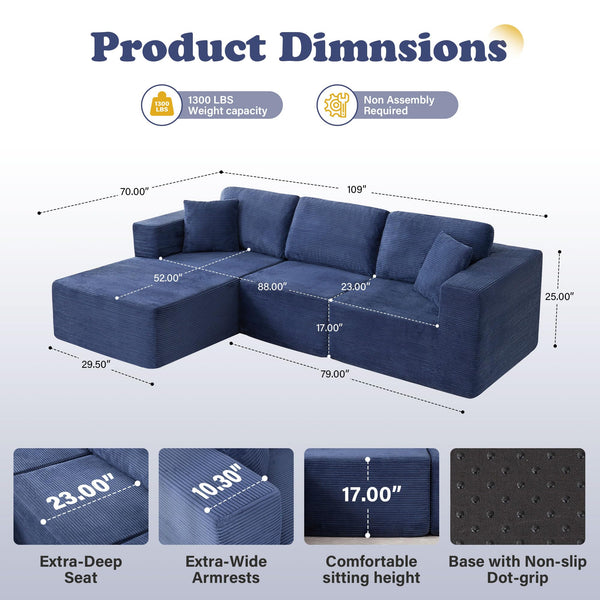 Modular L-Shape Sectional Sofa with Chaise – Deep Seat Corduroy, No Assembly
