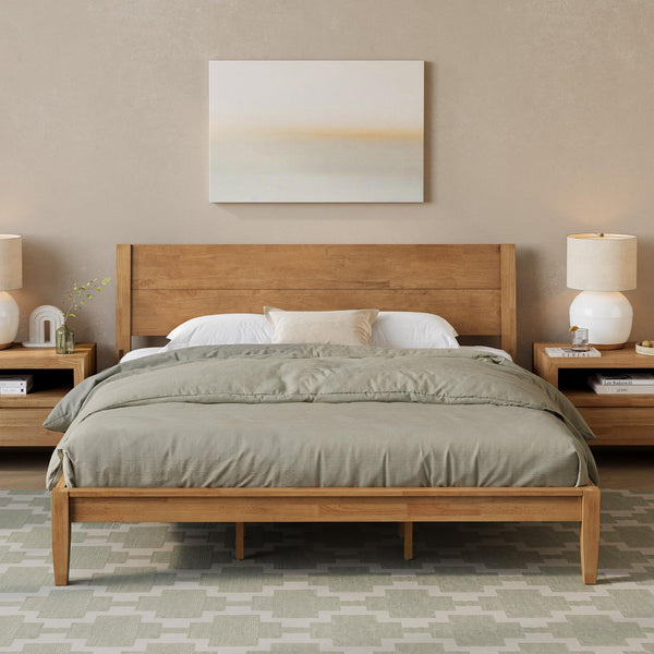 Solid Rubberwood Platform Bed Frame with Headboard