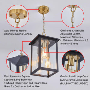 3-Light Outdoor Hanging Lantern Pendant – Farmhouse Black & Gold, Clear Glass