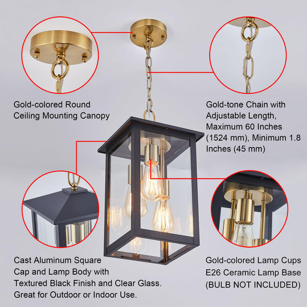 3-Light Outdoor Hanging Lantern Pendant – Farmhouse Black & Gold, Clear Glass