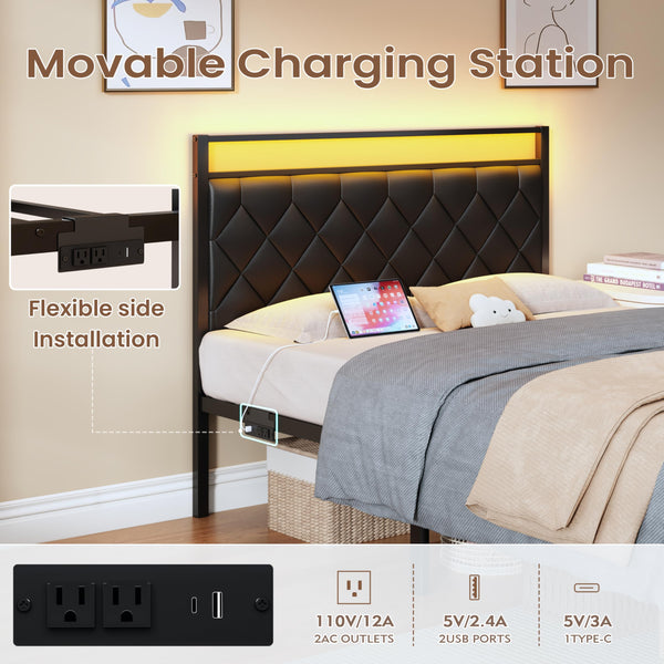 Queen Bed Frame with LED Lights, Charging Station & Upholstered Headboard
