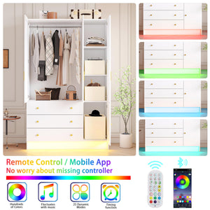 3-Door Armoire Wardrobe with LED Lights, Mirror & Drawers
