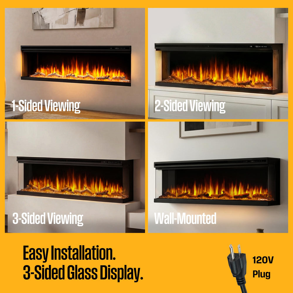 60" 3-Sided Electric Fireplace with Color-Changing Flames