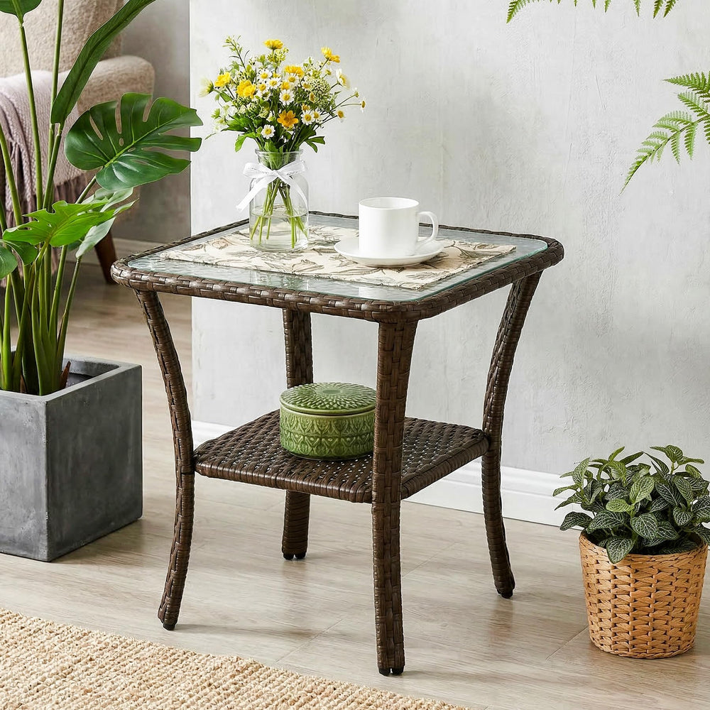2-Tier Outdoor Wicker Side Table with Tempered Glass Top