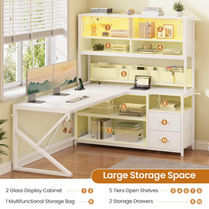 L-Shaped Gaming Desk with Bookshelf, LED Light & Storage Drawers