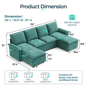 U-Shaped Modular Sectional Sofa with Double Chaise Lounge – 115" Chenille, 6-Seat