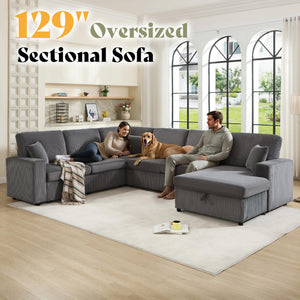 129-Inch Sectional Sofa with Storage Ottoman & Sleeper