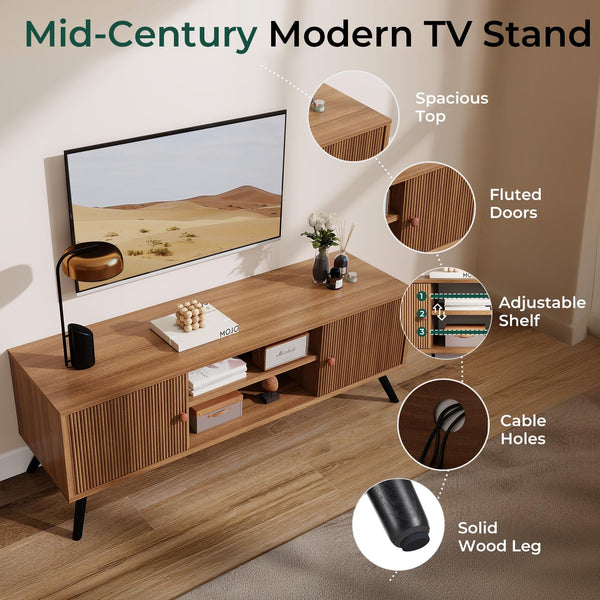 Mid-Century Modern TV Stand with Fluted Door Cabinets