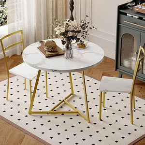 Round Dining Table Set for 2 with Upholstered Chairs