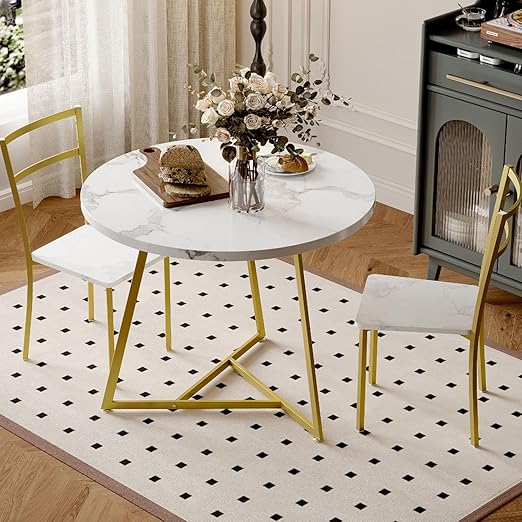 Round Dining Table Set for 2 with Upholstered Chairs