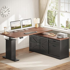 55 Inch L-Shaped Electric Standing Desk with Storage Drawers, File Cabinet & Power Outlets