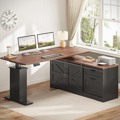 55 Inch L-Shaped Electric Standing Desk with Storage Drawers, File Cabinet & Power Outlets