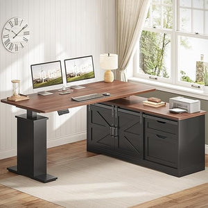 L-Shaped Height Adjustable Standing Desk with Storage & Power Outlets