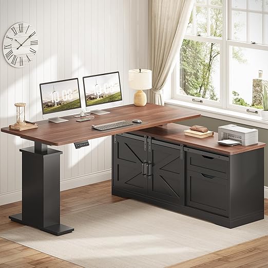 L-Shaped Height Adjustable Standing Desk with Storage & Power Outlets