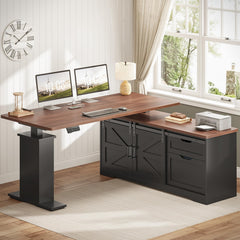 L-Shaped Standing Desk with Storage Drawers & Power Outlets