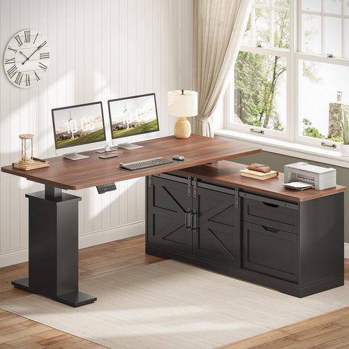 L-Shaped Standing Desk with Storage Drawers & Power Outlets