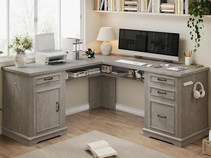 L-Shaped Farmhouse Executive Desk with Drawers & Charging Station