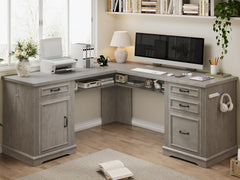 L-Shaped Farmhouse Executive Desk with Drawers & Charging Station