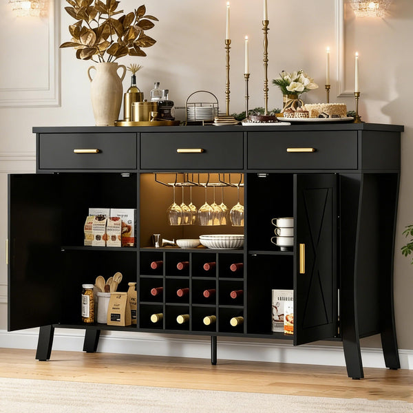 LED Bar Cabinet with Wine Rack & Drawers