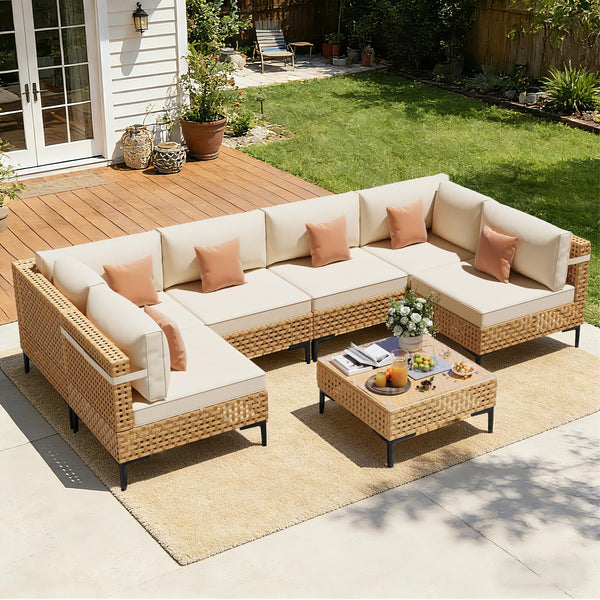 Modular Outdoor Wicker Sectional Sofa Set with Coffee Table