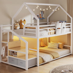 Twin Over Twin Bunk Bed with Storage Staircase & LED Lights