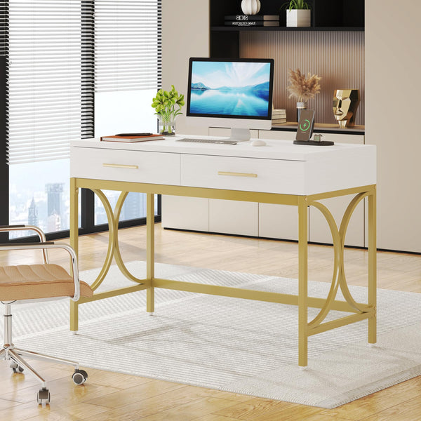 41-Inch Computer Desk with 2 Drawers – White & Gold