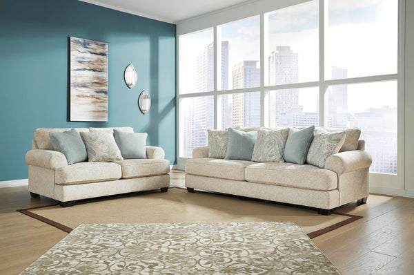 Beige Chenille Loveseat with Accent Pillows & Rolled Arms
