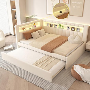 L-Shaped Upholstered Daybed with Trundle, USB Ports & LED Lighting