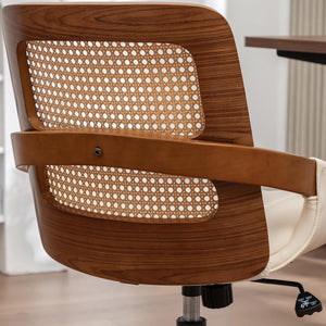 Rattan Back Office Chair with Faux Leather & Caster Wheels