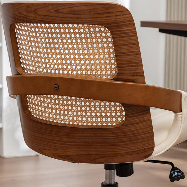 Rattan Back Office Chair with Faux Leather & Caster Wheels
