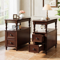 Wood End Table with 2 Drawers and Storage Shelf
