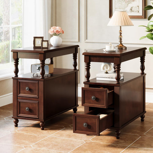 Wood End Table with 2 Drawers and Storage Shelf