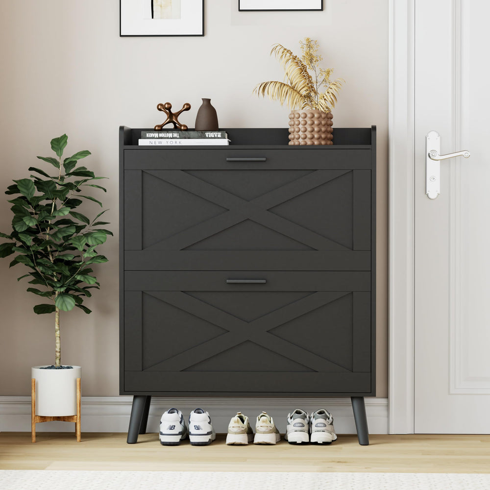 Farmhouse Shoe Storage Cabinet with 2 Flip Drawers – Slim Entryway Shoe Rack