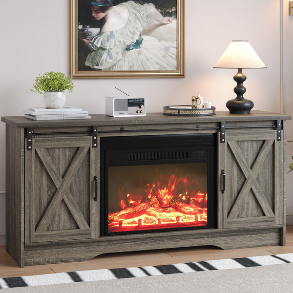 Farmhouse Fireplace TV Stand with Sliding Barn Door for 65" TVs