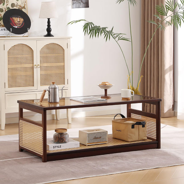 Rattan Glass Coffee Table with Storage Shelf