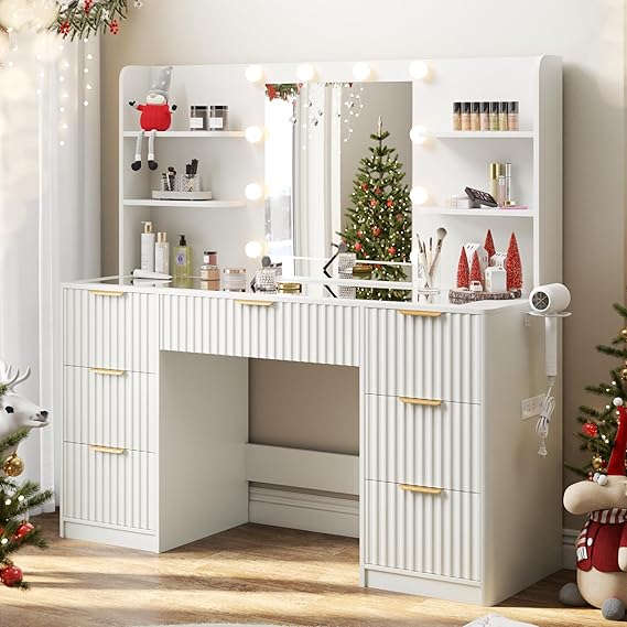 47" Fluted Makeup Vanity Desk with Mirror & LED Lights