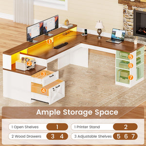 L Shaped Desk with 2 Drawers, 65" x 59" Corner Desk with Storage & LED Strip