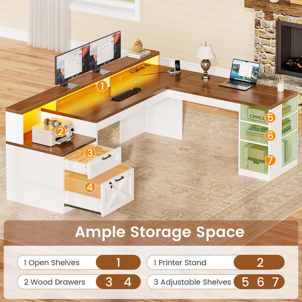 L Shaped Desk with 2 Drawers, 65" x 59" Corner Desk with Storage & LED Strip