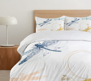Queen Duvet Cover Set — Dragonfly Floral Print, 3-Piece Bedding Set with Pillow Shams
