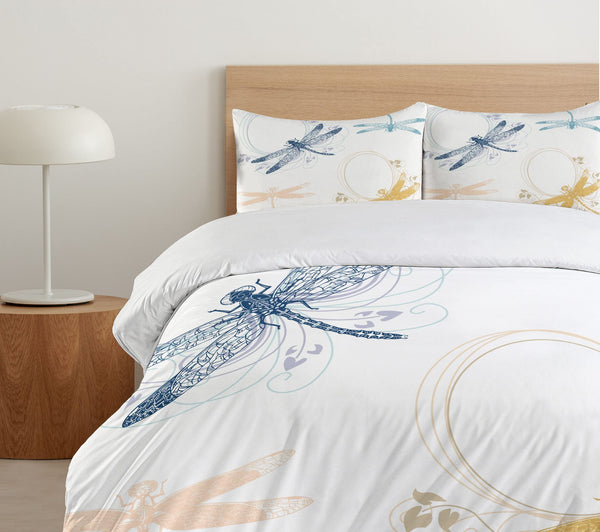 Queen Duvet Cover Set — Dragonfly Floral Print, 3-Piece Bedding Set with Pillow Shams