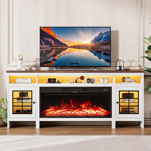Fireplace TV Stand with LED Lights, Power Outlets & Storage Cabinet
