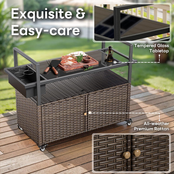 Outdoor Wicker Bar Cart with Storage Cabinet & Tempered Glass Top
