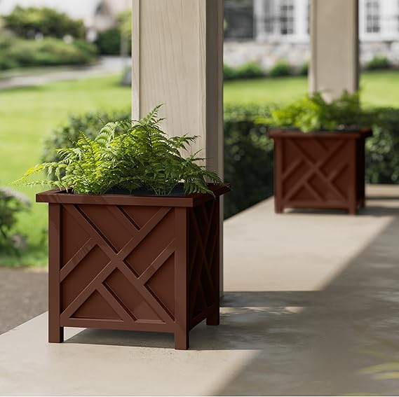 Large Square Outdoor Planter Box 2-Pack – 15.5" Lattice Design Flower Pots