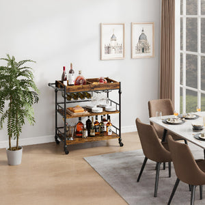 3-Tier Rolling Bar Cart with Removable Tray & Wine Rack